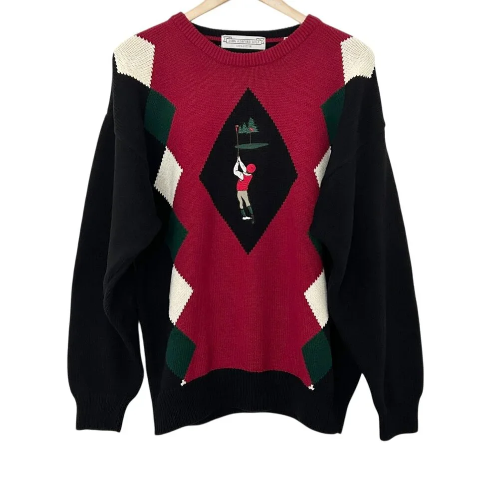 John Ashford Golf Vtg Christmas Grandpa Argyle Preppy Academia Knit Sweater (L)